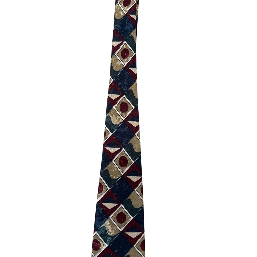 VTG 90s Duke Necktie Geometric Abstract‎ Navy Burgundy Gold USA Made Retro Tie